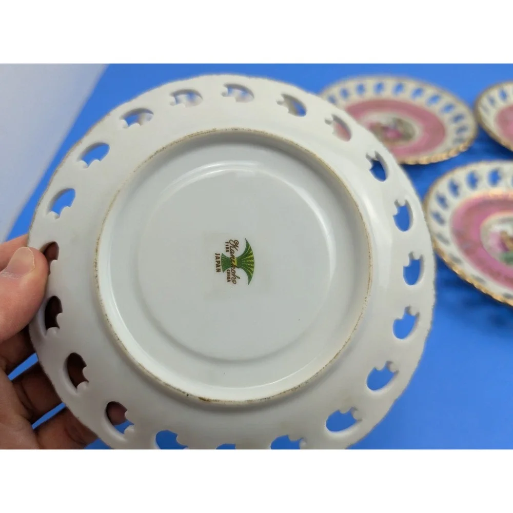 Vtg Kanekoh Japan Fine China Set of 5 Reticulated Saucer Plate Victorian Lover